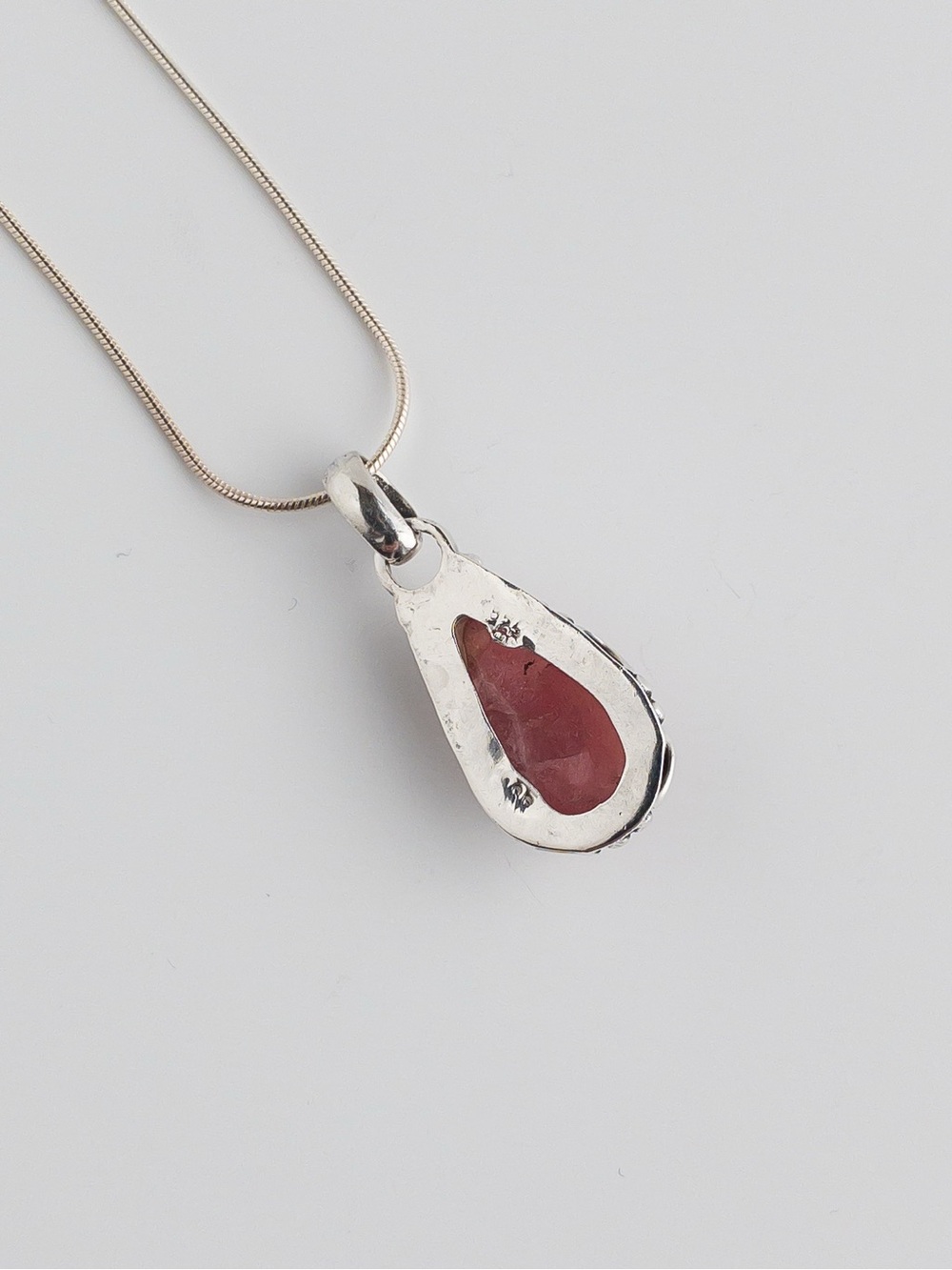 Vintage Sterling Silver Rhodochrosite Teardrop Pendant Necklace 925 Pink - Picture 10 of 11